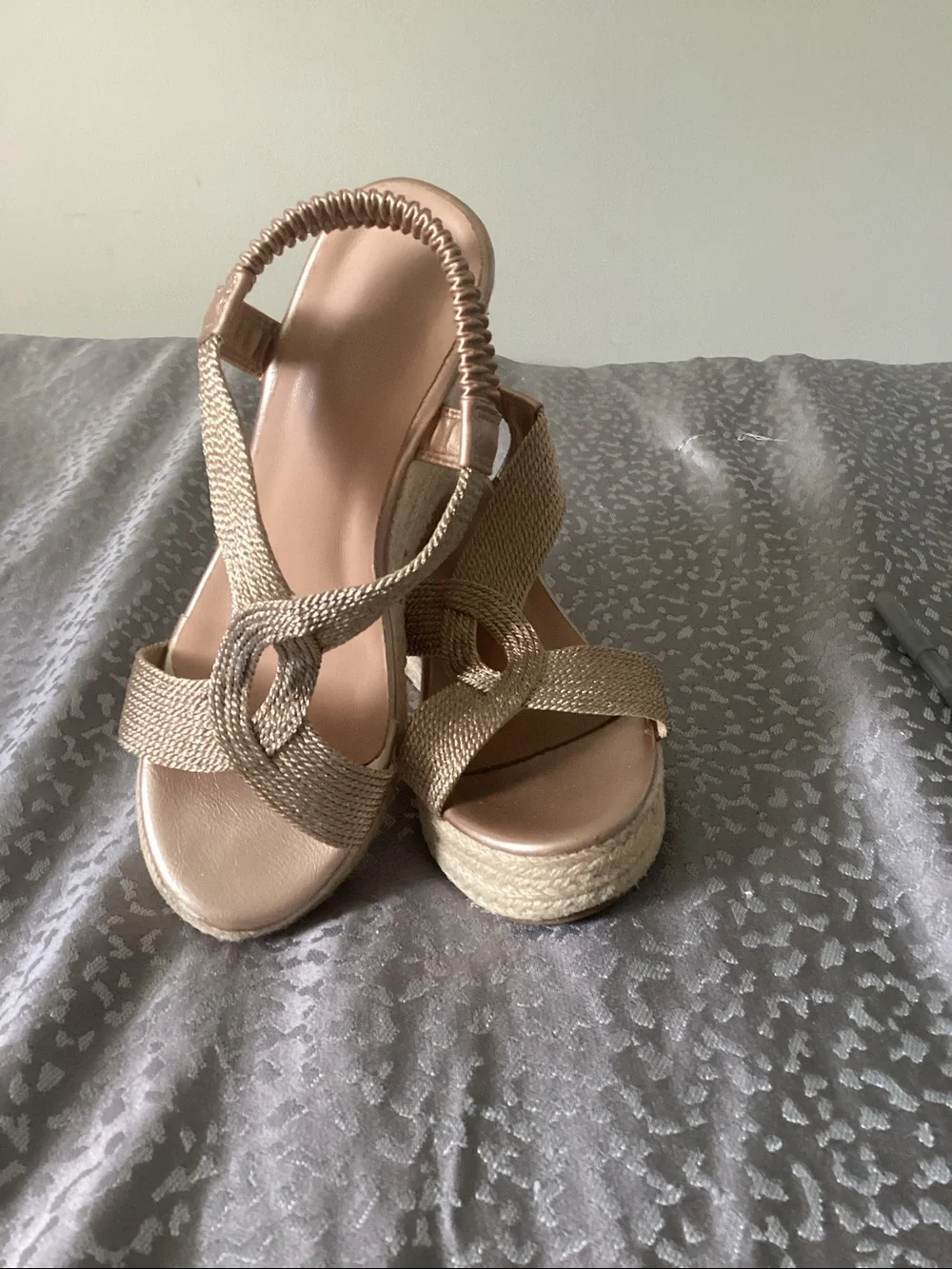 SHEIN Metallic Woven Espadrille Platform Wedge Sandals in Gold